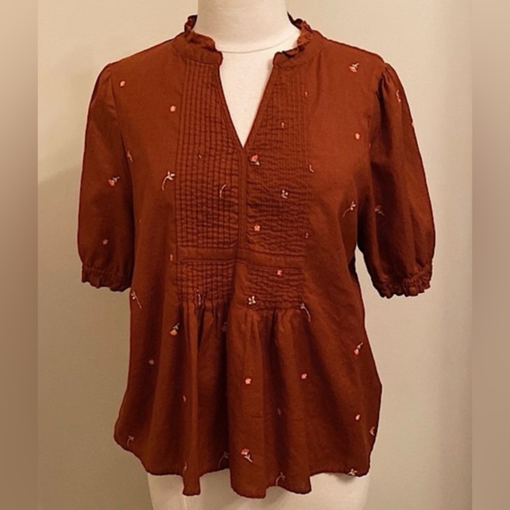 A.N.A. Rust Brown Floral Embroidered Pleated Puff Ruffled Short Sleeve Top SZ XL
